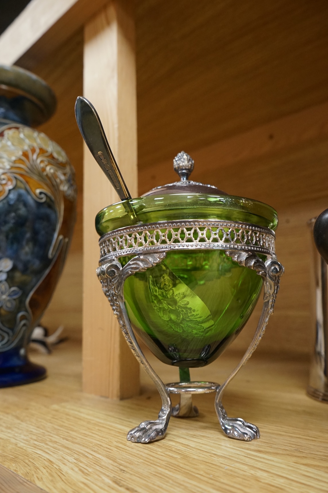 A Moser crystal glass decanter and stopper with gilt decoration and selection of plated items, largest 32cm high